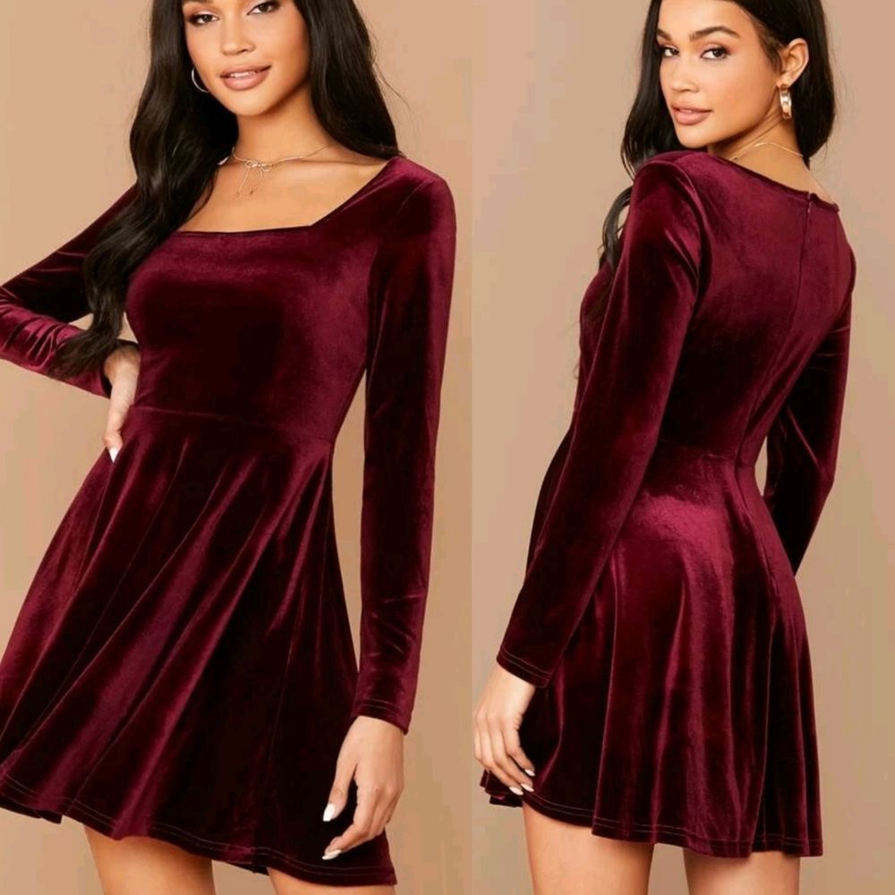 Square Neck Burgundy Velvet Dress - Picture 2 of 5